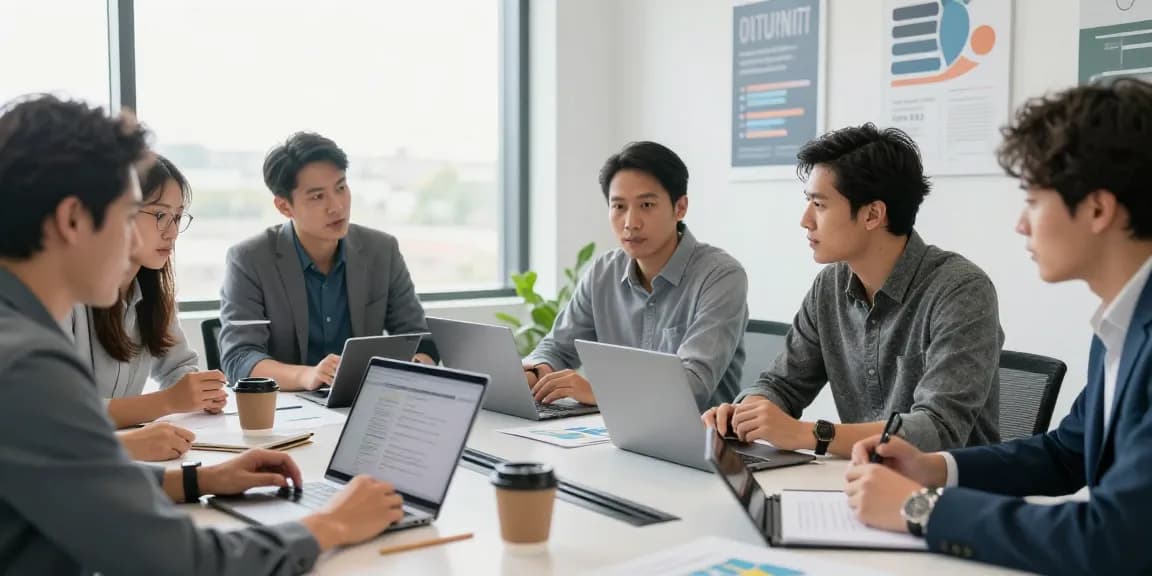 Professionals discussing unlimited business mobile plans in a modern office setting with charts and laptops