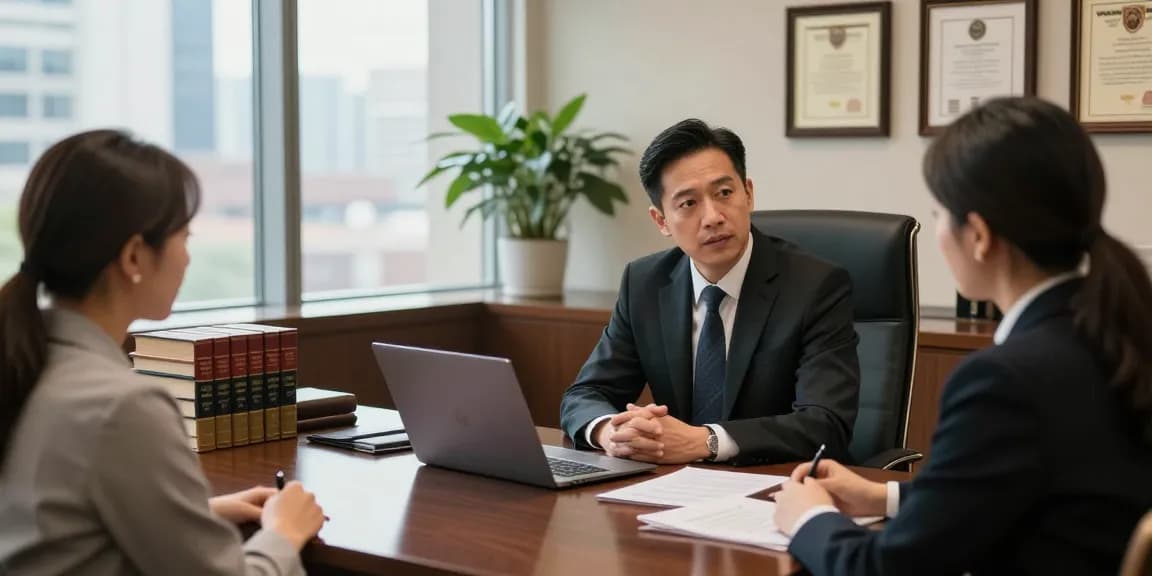 Legal consultation with a lawyer discussing the client's case in a professional law office.