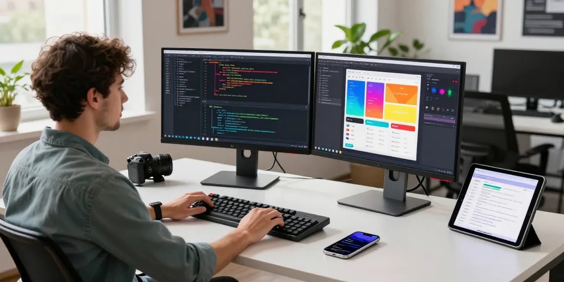 快连 provides an innovative tech workspace with a developer coding on dual screens and a clean, modern office environment.