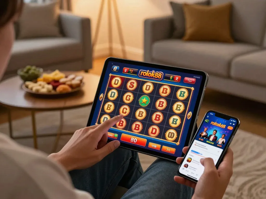 Pemain yang terlibat dengan rokok88 slot di tablet, dikelilingi oleh suasana rumah yang nyaman, menekankan kegembiraan permainan online.