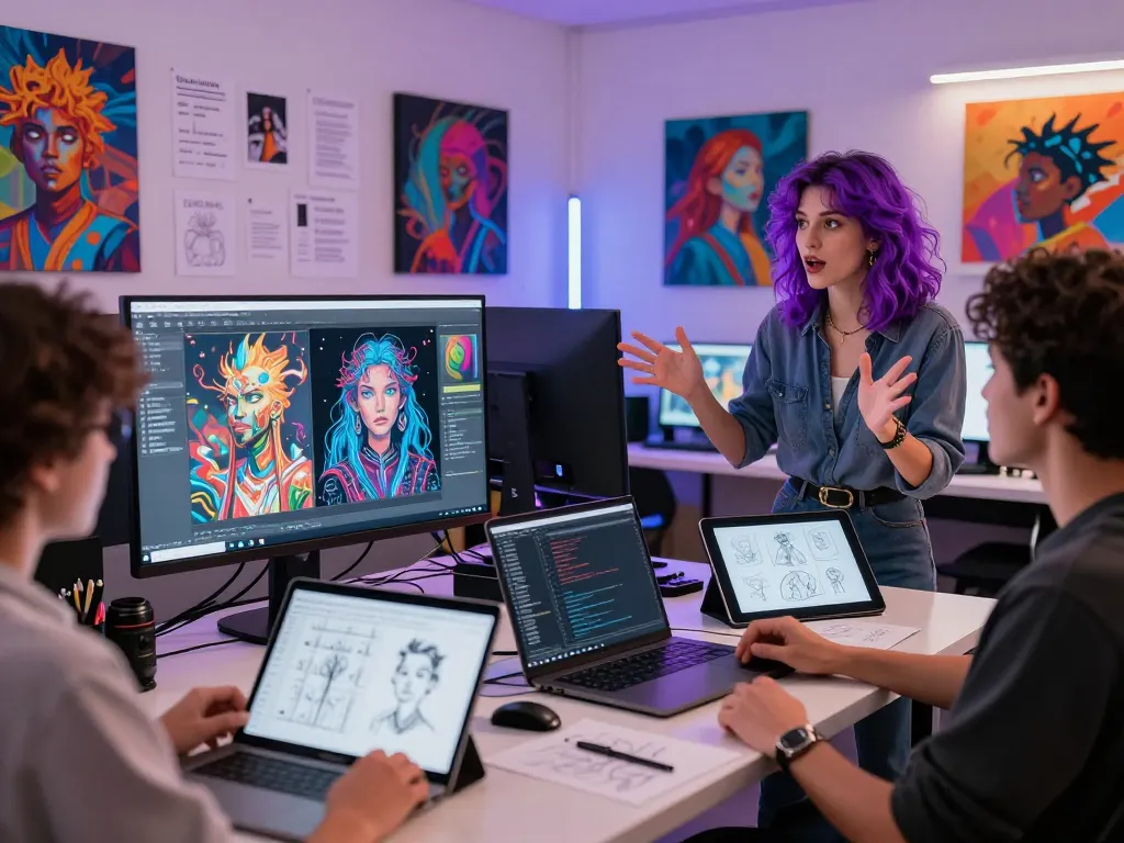 Dynamic art studio collaboration showcasing AI porn visuals on digital screens