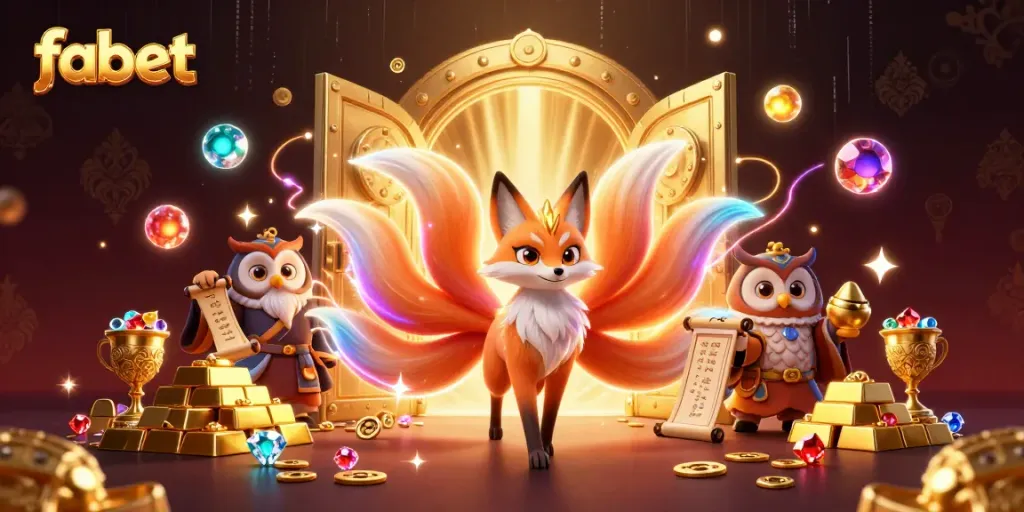 Engage with fabet's vibrant casino game experience featuring a glowing nine-tailed fox and wise owl.