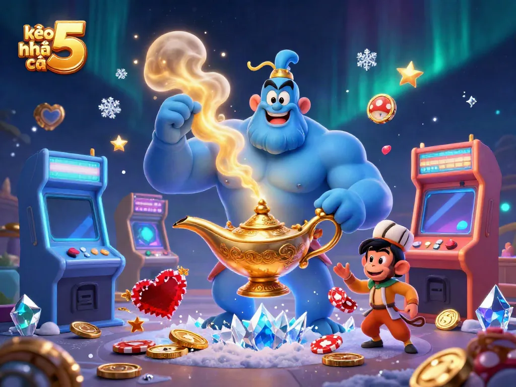 Experience the exciting world of kèo nhà cái 5 with a dynamic 3D illustration featuring a muscular blue genie and gaming elements.