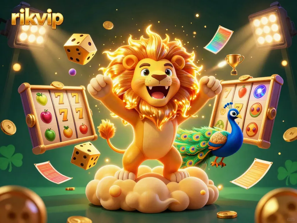 Experience excitement with rikvip's vibrant gaming world in a dynamic 3D cartoon illustration.