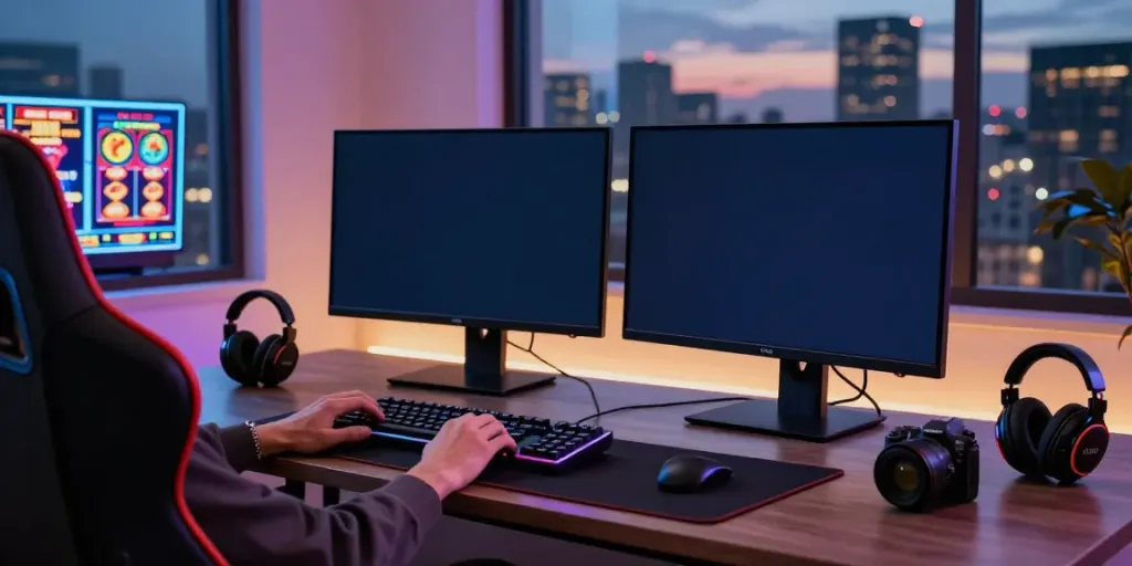 Engaging online gaming setup showcasing https://playsv88.net/ with vibrant displays of slot games and casino action.