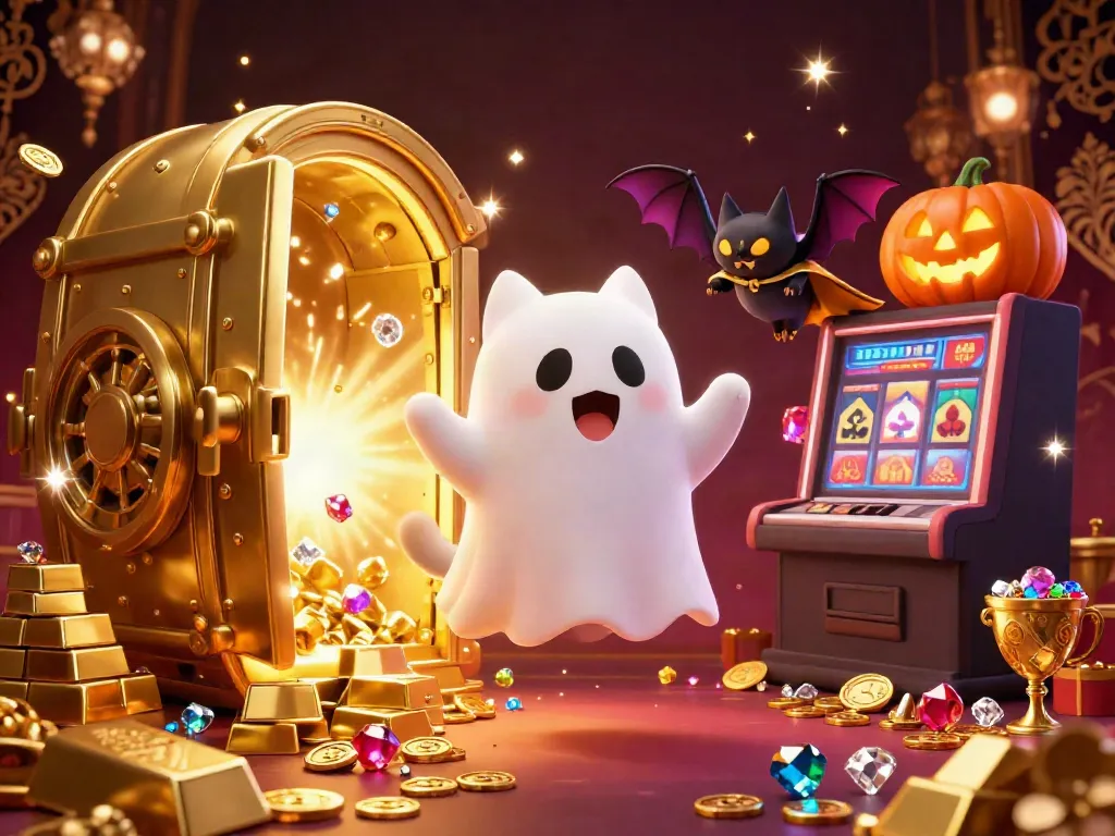 Experience the enchanting 11bet casino world through a ghost cat and bat in a treasure-filled setting.