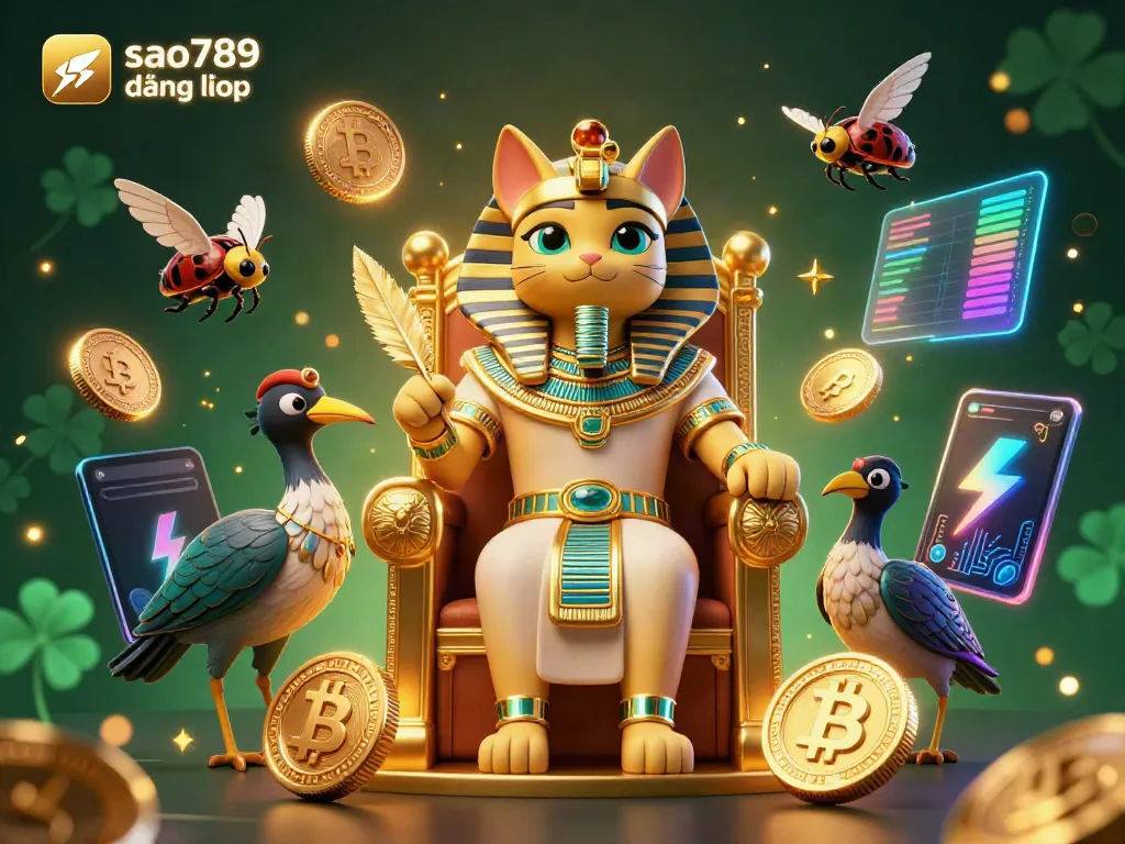 Engage in thrilling gaming adventures with sao789 đăng nhập, highlighted by colorful crypto elements and a majestic cat.