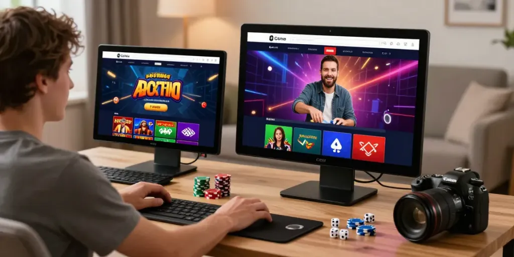 Engaged player using https://net88.broker/ for online betting in a vibrant home setting.