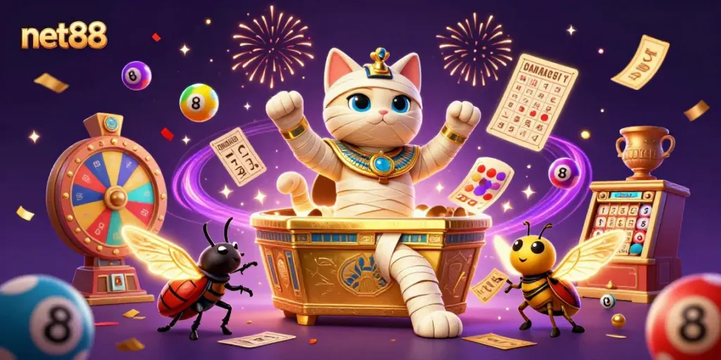Experience thrilling moments with net88 as an Egyptian mummy cat and its scarab companion burst from a casino sarcophagus.