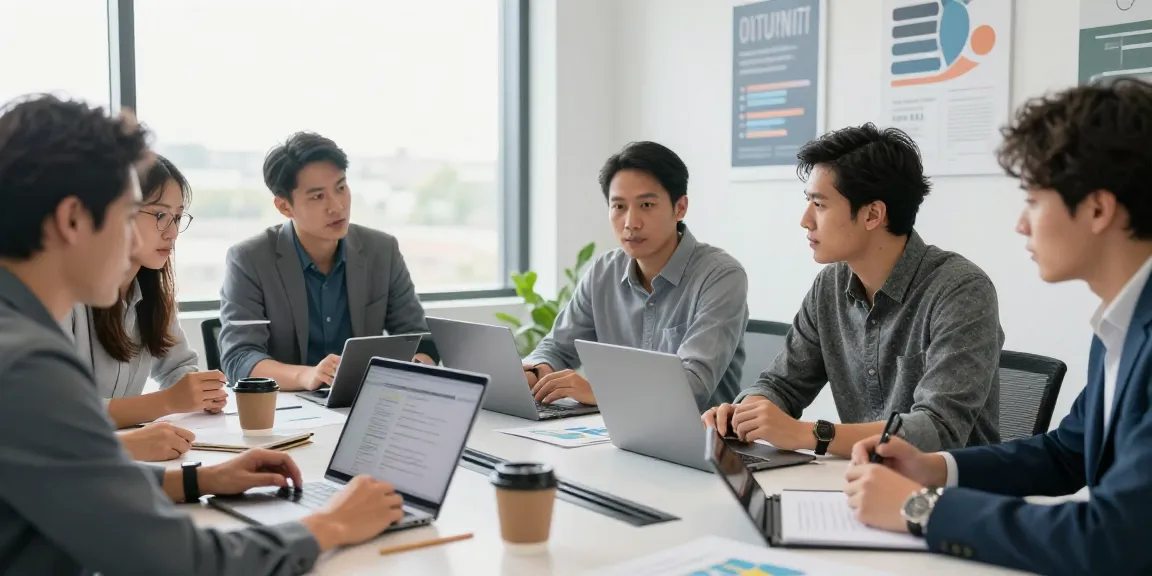 Professionals discussing unlimited business mobile plans in a modern office setting with charts and laptops