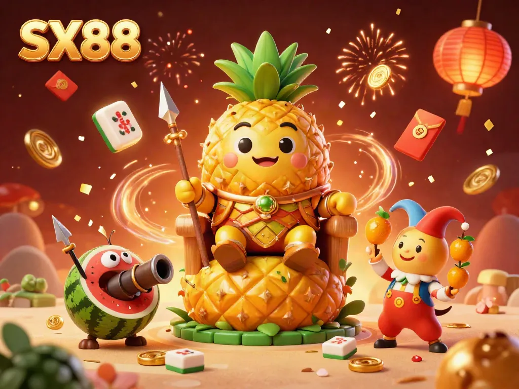 SX88 casino fun with a pineapple king, jester, and festive decorations celebrating gaming.