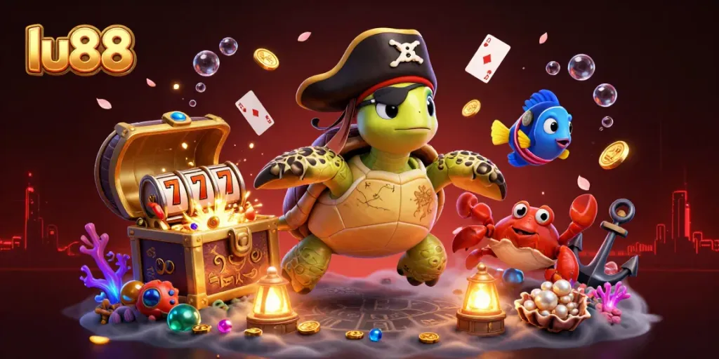 Engage with lu88's exciting games amidst a vibrant underwater scene with lively characters.