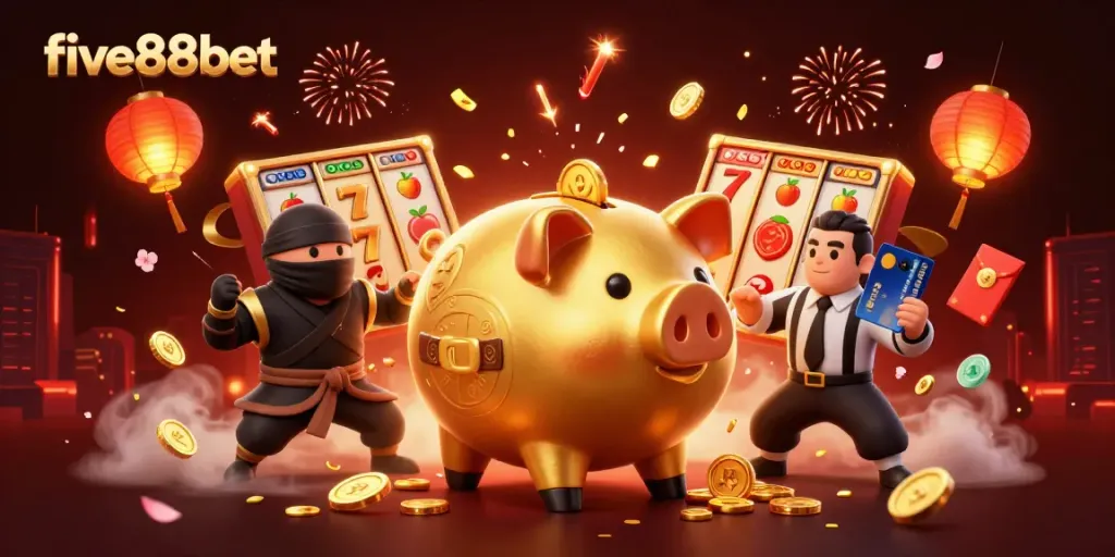 Experience the thrill of winning with five88bet's vibrant casino scene featuring animated characters and festive elements.