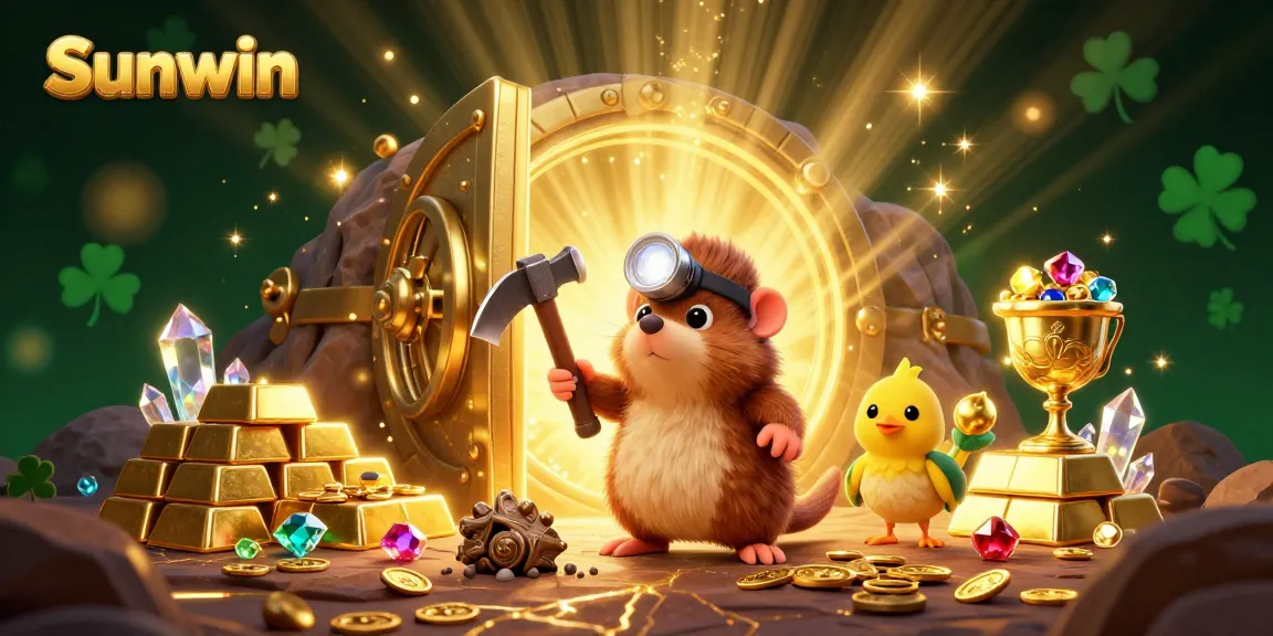 Experience the thrilling world of Sunwin with a treasure hunter mole discovering gold and gems in this vibrant casino scene.