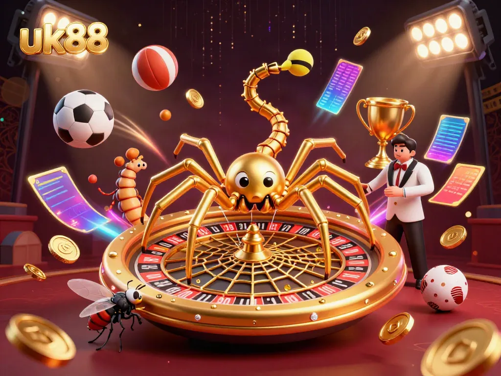 Engage in thrilling gameplay at uk88 with a giant roulette wheel and energetic sports elements.