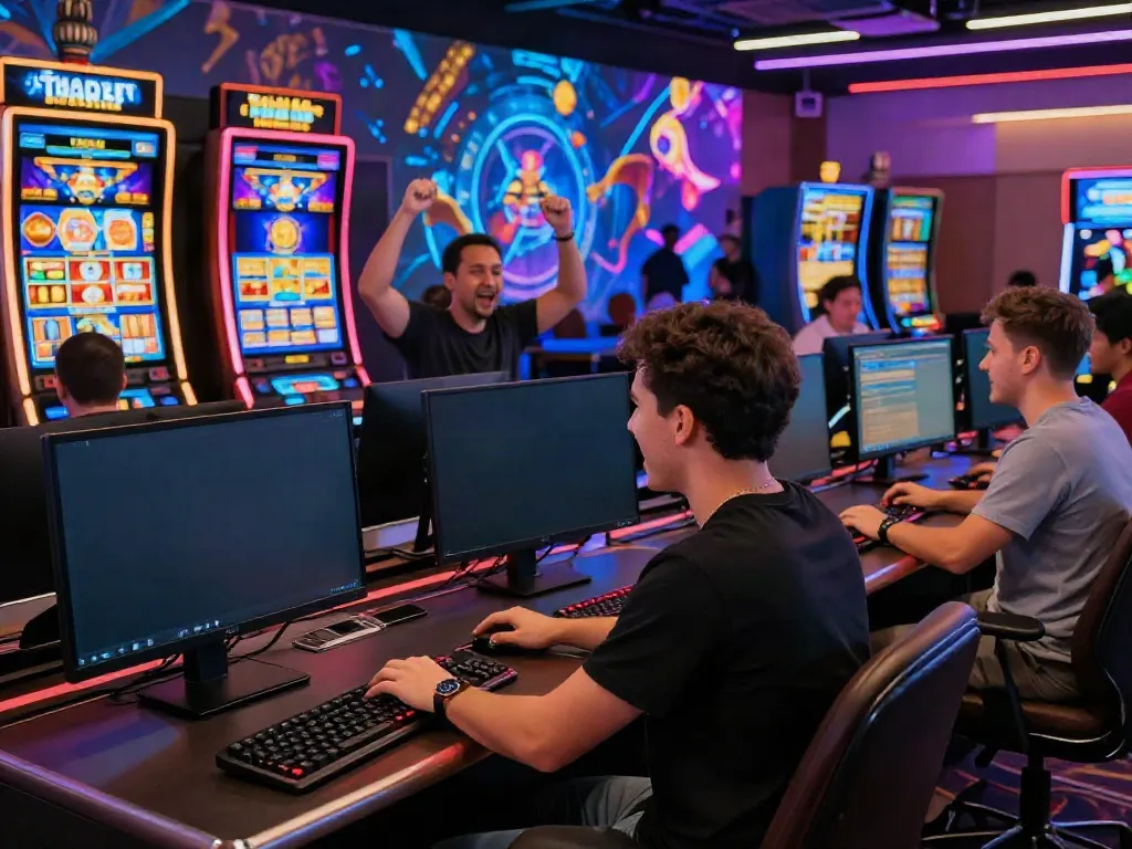 A lively gambling atmosphere at https://red88.limited/ with diverse players enjoying online casino games in a vibrant setting.
