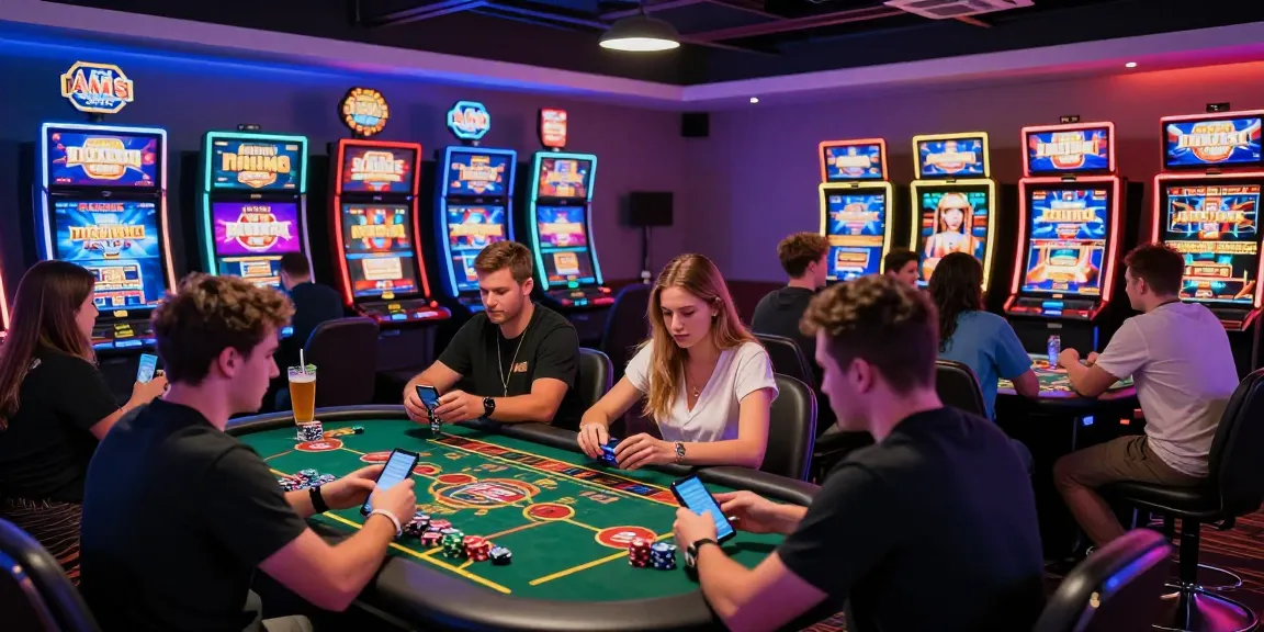 Scena emozionante di un casinò non AAMS con giocatori che si divertono con le slot e i giochi dal vivo, evidenziando un'atmosfera vivace e il coinvolgimento digitale.