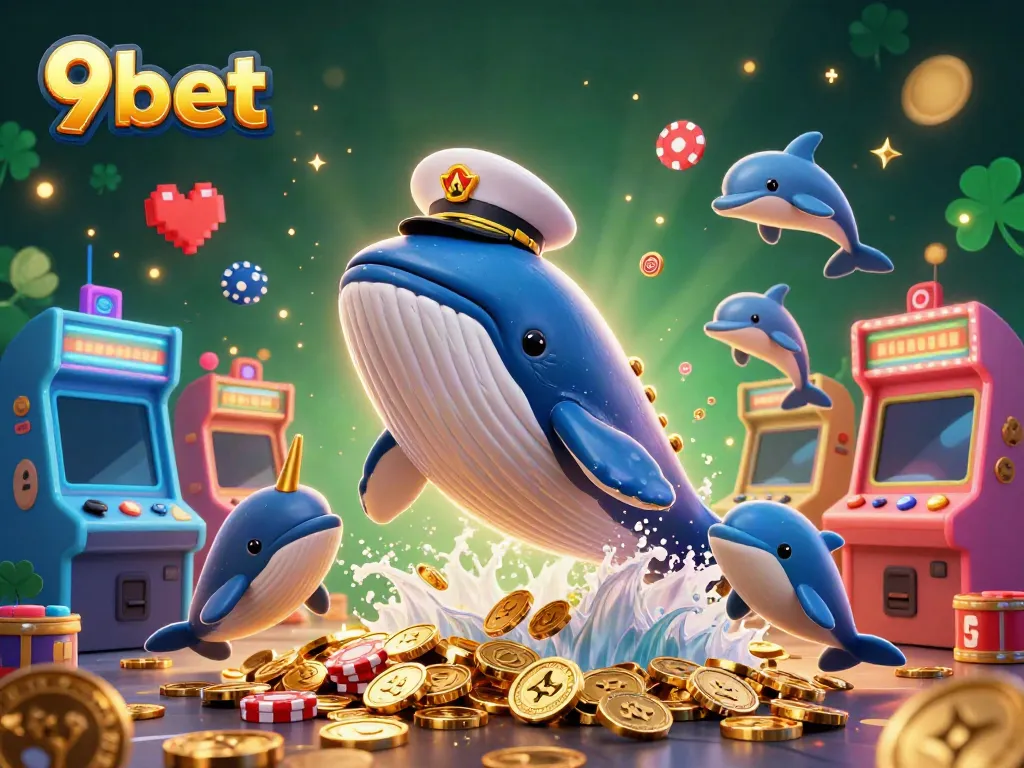 Playful scene with a cartoon whale and narwhal promoting 9bet casino experience with vibrant gaming elements.