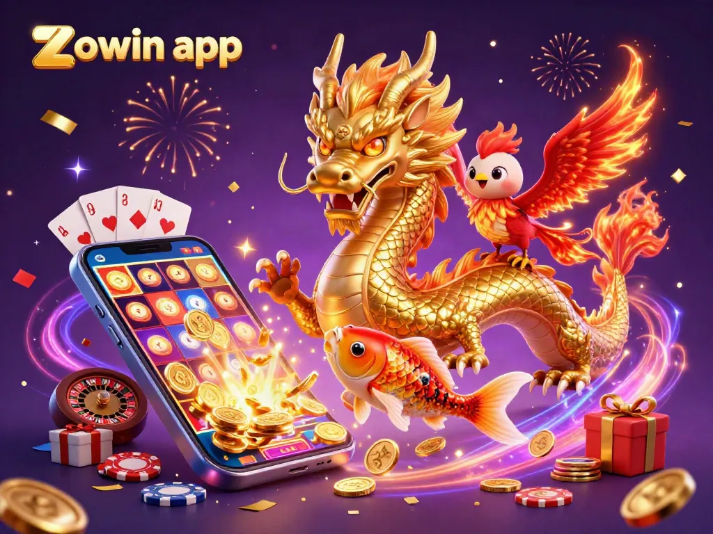 Engage with the exciting zowin app featuring a thrilling dragon and phoenix scene with coins and slot games.