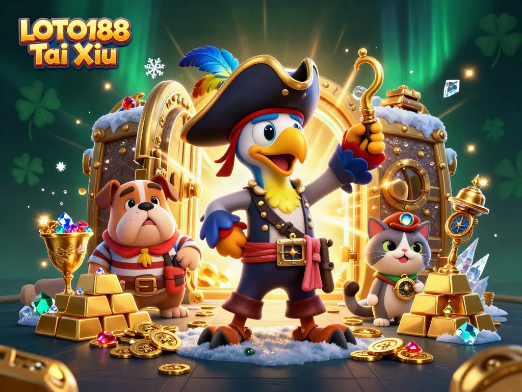 Engage in LOTO188 Tai Xiu thrilling gameplay with cartoon pirate characters and treasures, vibrant casino theme.