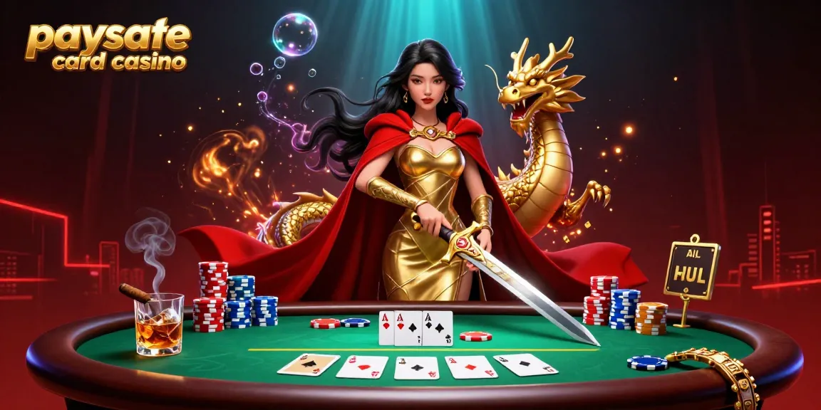 Paysafe Card Casino zeigt eine königliche Pokerszene mit einer auffälligen asiatischen Königin und einem schützenden goldenen Drachen in einer lebhaften Umgebung.