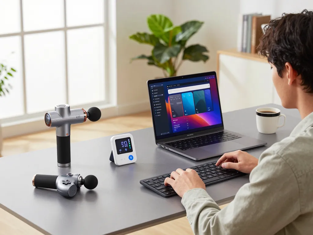 Innovative tech gadgets on a stylish desk in a modern home office, featuring Bluetooth controller, smart thermometer, and wireless keyboard.