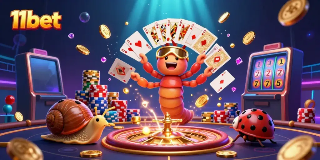 Experience the thrill of 11bet with a colorful scene featuring a millipede dealer and vibrant casino elements.
