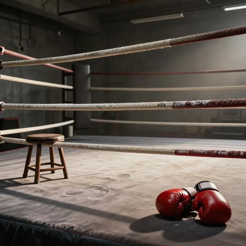 Prázdný boxerský ring s rukavicemi, stoličkou a stopami po sparingu.