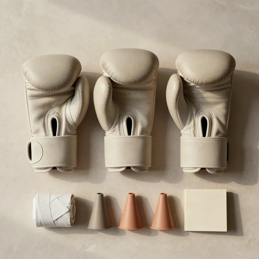 Flatlay boxerských rukavic, bandáží, kuželů a zavřeného tréninkového deníku na světlém podkladu.