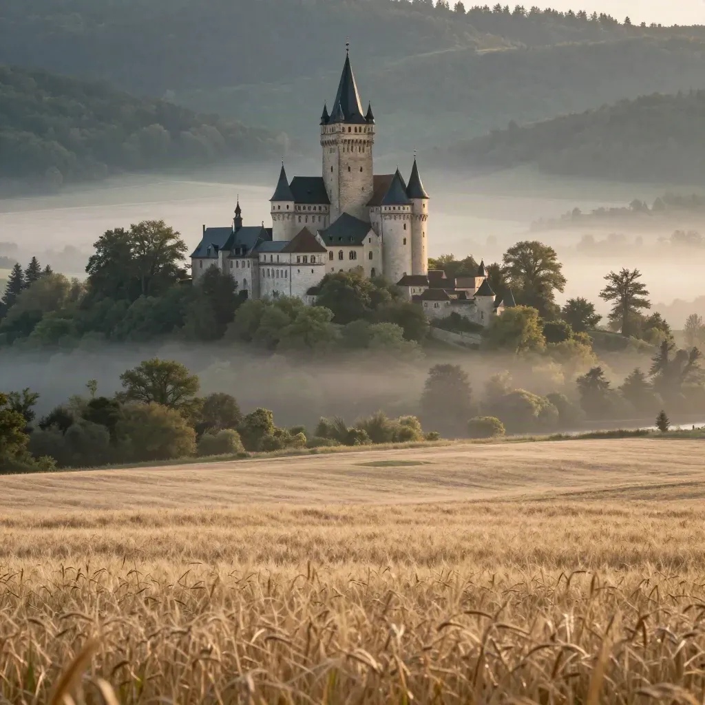 Hrad Karlštejn nad mlžným údolím v ranním světle, s klidným polem v popředí.
