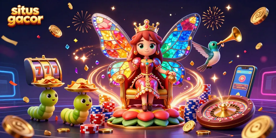 Experience the thrill of situs gacor with a vibrant 3D casino scene featuring a butterfly queen and casino elements.