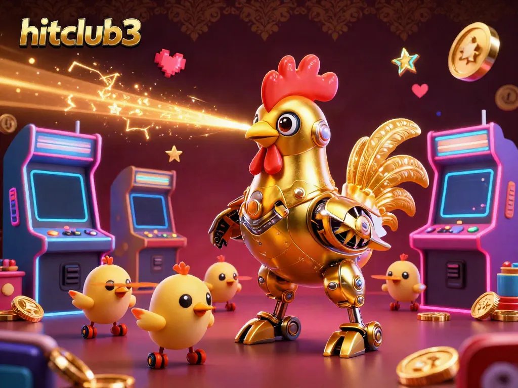 Experience thrilling gameplay with hitclub3 featuring a golden rooster robot and vibrant casino elements.