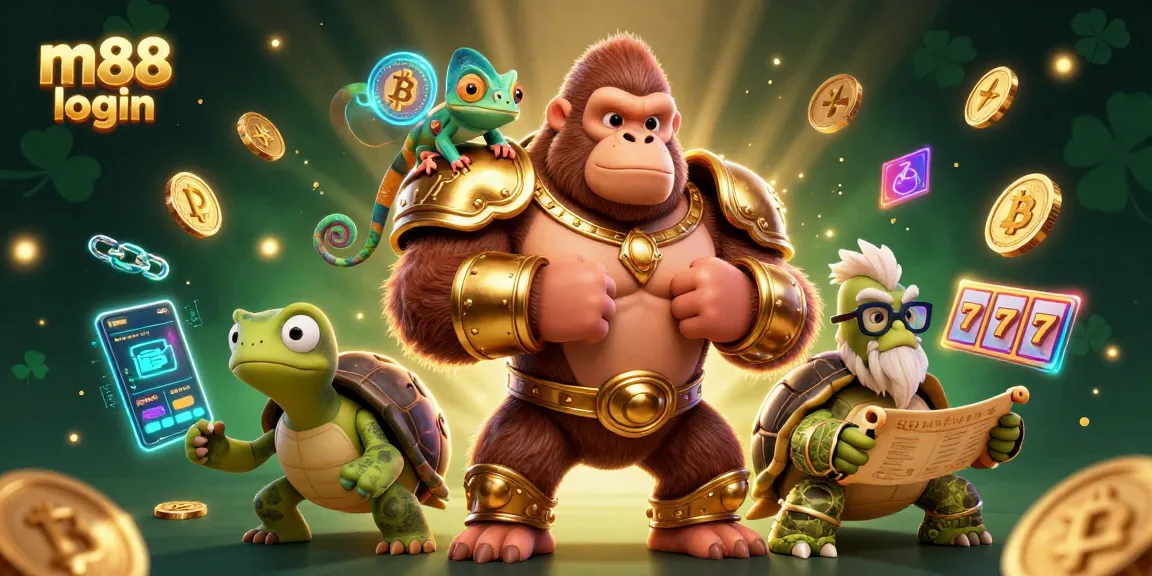 Engage with m88 login for thrilling online slots surrounded by vibrant characters and blockchain elements.