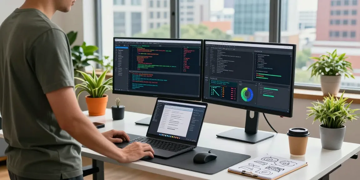 快连 software development workspace with code displays and urban city view.