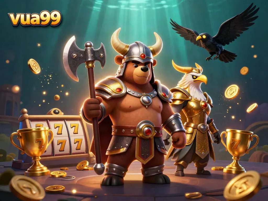 Join the excitement at vua99 with a dynamic casino scene featuring 3D cartoon characters and slot game elements.