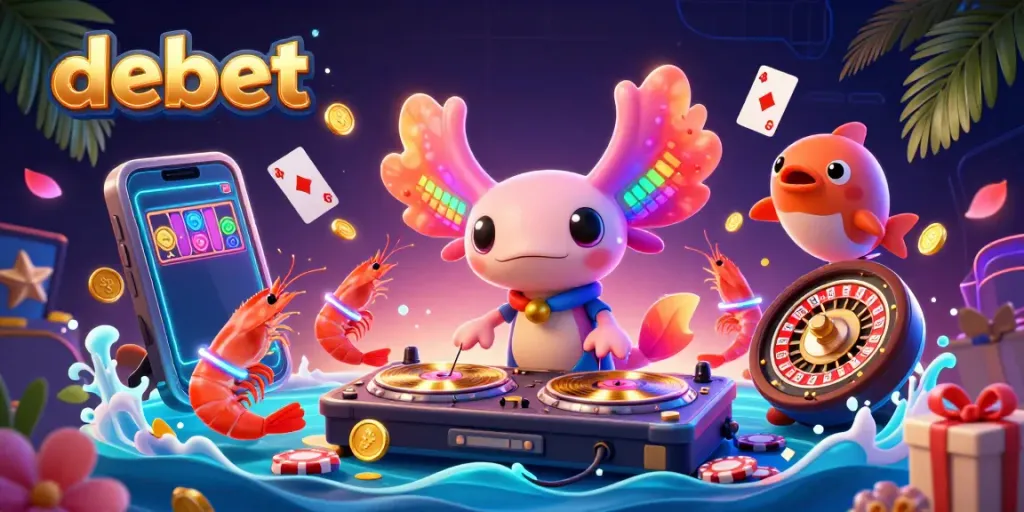 Experience debet's vibrant casino scene with a neon axolotl DJ, slot games, and energetic characters.