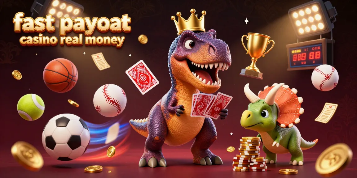 Experience fast payout casino real money with a T-Rex shuffling cards and gaming elements in an exciting 3D scene.
