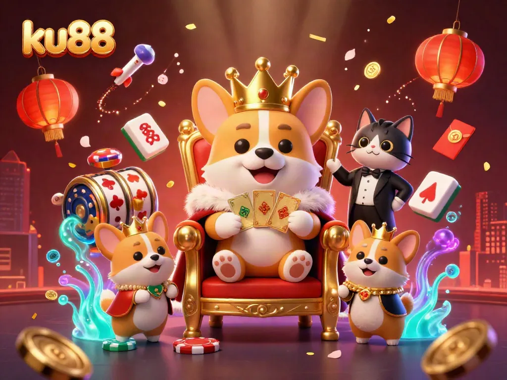 Experience an enchanting scene with ku88's royal corgi and gaming elements, all in mesmerizing detail.