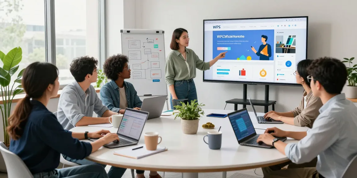 Professional collaboration in a modern office showcasing the WPS Official Website interface.