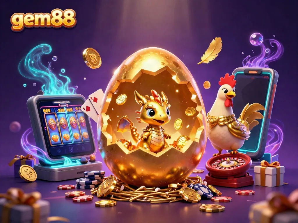 Experience the magic of gem88 with a golden dragon atop poker chips amidst vibrant casino action.