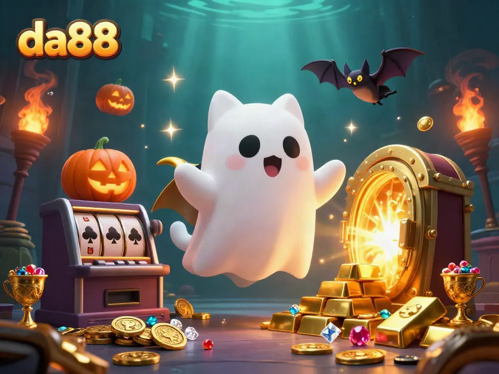 Experience exciting slot gaming action at da88 with a friendly ghost cat and treasures.