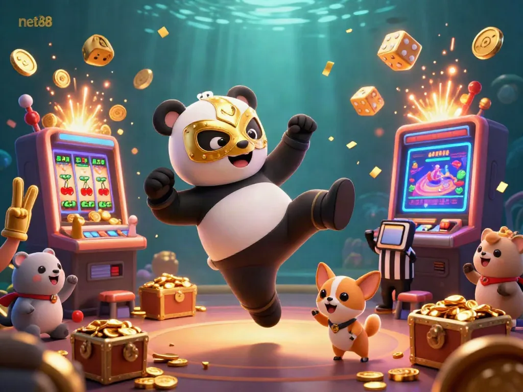 Engage in thrilling online gambling with net88 as a panda wrestler celebrates a slot jackpot in an electrifying scene.