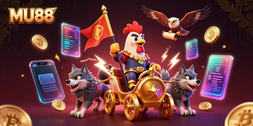 Experience thrilling luck at MU88 with a cartoon rooster warlord leading the action.