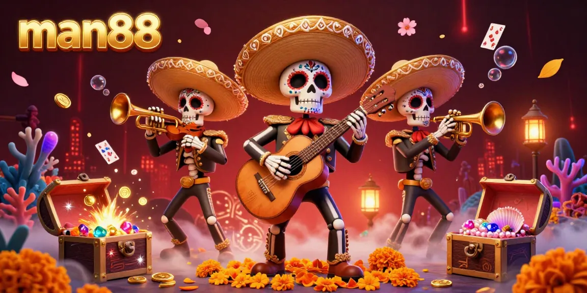 Experience man88 with vibrant Dia de los Muertos mariachi band surrounded by gold and gems.