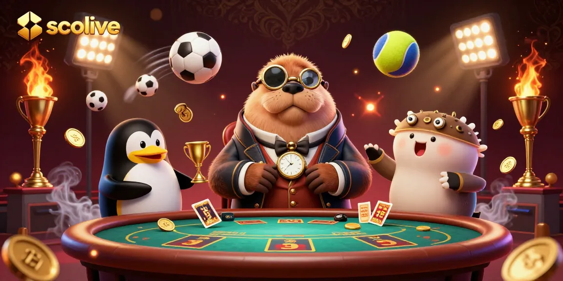 Experience the thrill of socolive with a jovial walrus and dynamic game elements at a high-stakes poker scene.