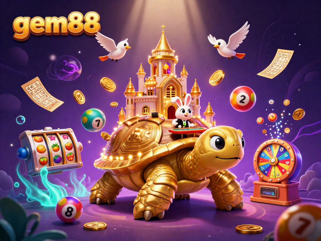 gem88 showcases a golden tortoise casino with a rabbit dealer amidst energetic gambling elements.