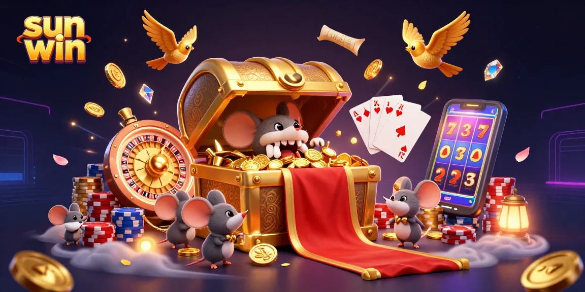 Win big at sun win with adventurer mice discovering treasures and casino elements in a vibrant 3D setting.
