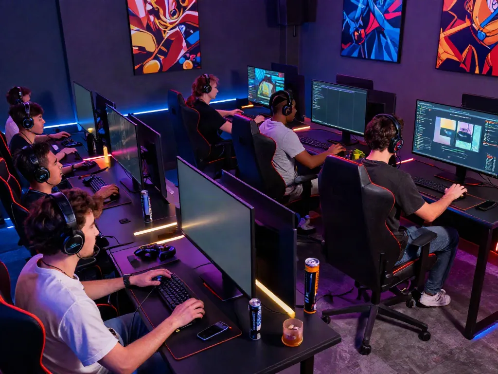 Men gaming intensely in a vibrant gaming lounge at https://manclub1.jp.net/ with dynamic LED lighting and high-performance gear.