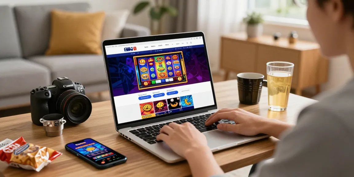Ein Spieler erkundet ein Paysafe Card Casino online und genießt eine lebendige Spielumgebung mit farbenfrohen Spielautomaten-Grafiken.