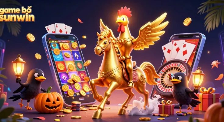 Experience thrilling game bài sunwin as a golden rooster rides through a lively casino, surrounded by exciting gaming elements.